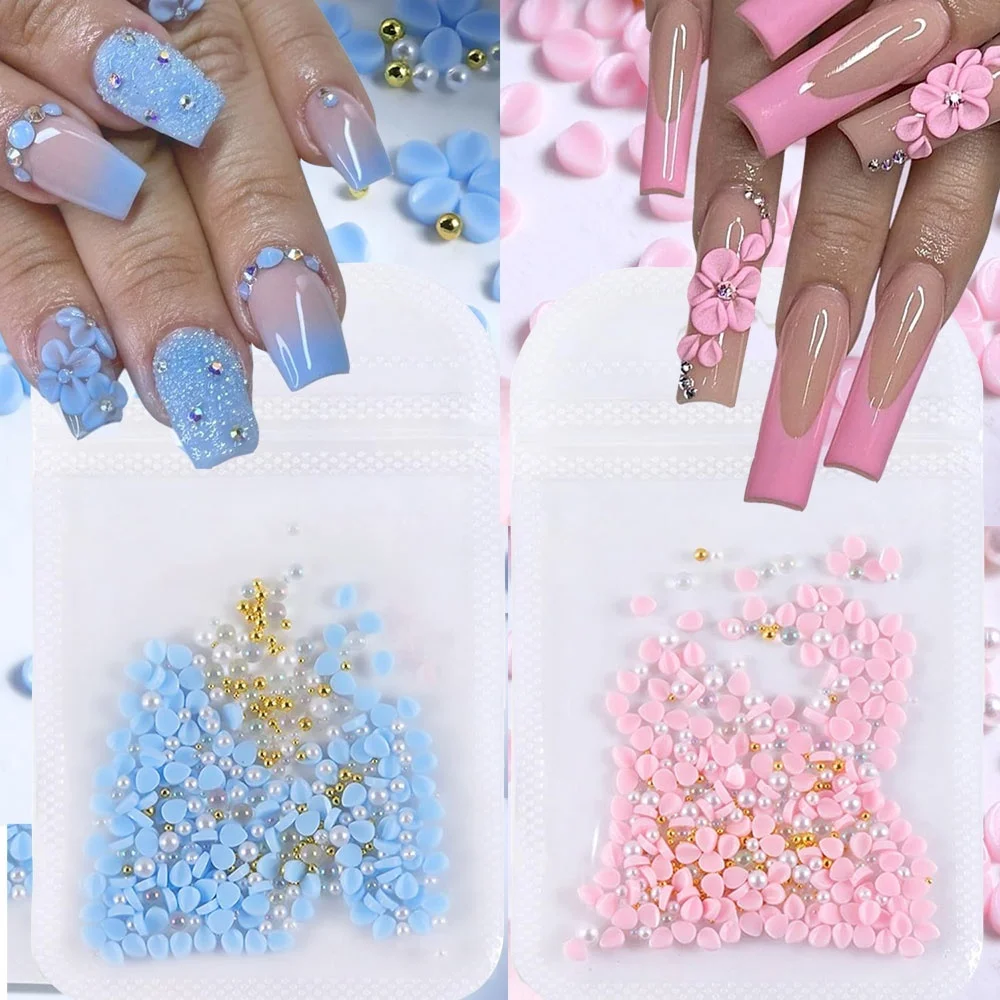 150pcs Blue Pink Carving Petals Floral Nail Charms Mix Gold White Pearl Caviar Beads Nail Parts 5g Acrylic Resin Nail Supplies