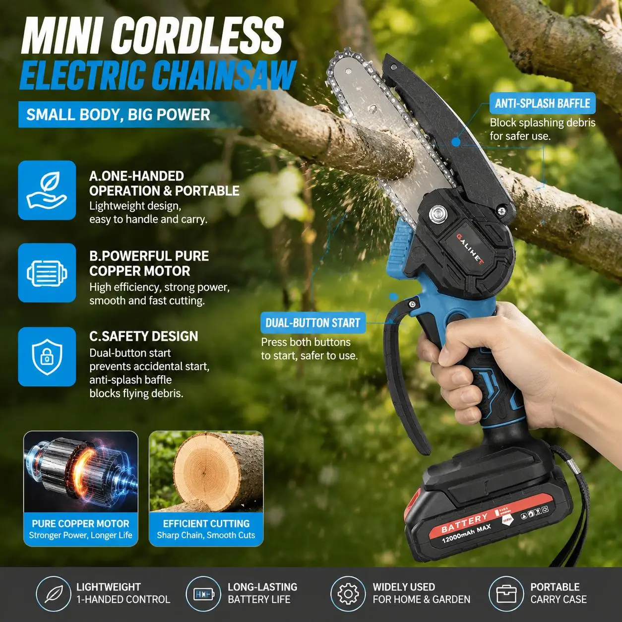 Cordless Rechargeable Electric Chainsaw 4 6 Inch Mini Handheld Pruning Saw Wireless Wood Cutting Tool for Garden Tree Branch Trimming Backyard Wood Logging Power Tools Kit with Battery Charger Portable Lightweight