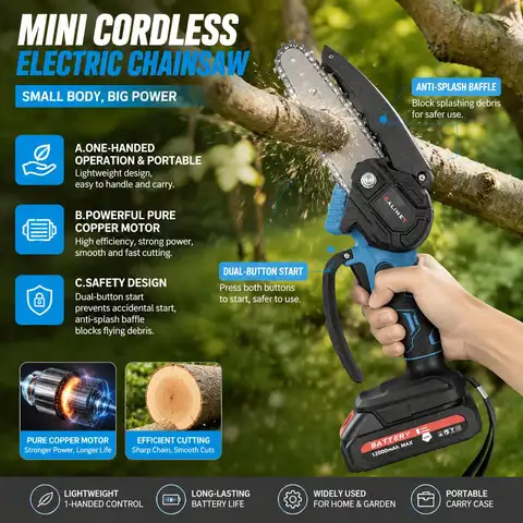 Cordless Rechargeable Electric Chainsaw 4 6 Inch Mini Handheld Pruning Saw Wireless Wood Cutting Tool for Garden Tree Branch Trimming Backyard Wood Logging Power Tools Kit with Battery Charger Portable Lightweight