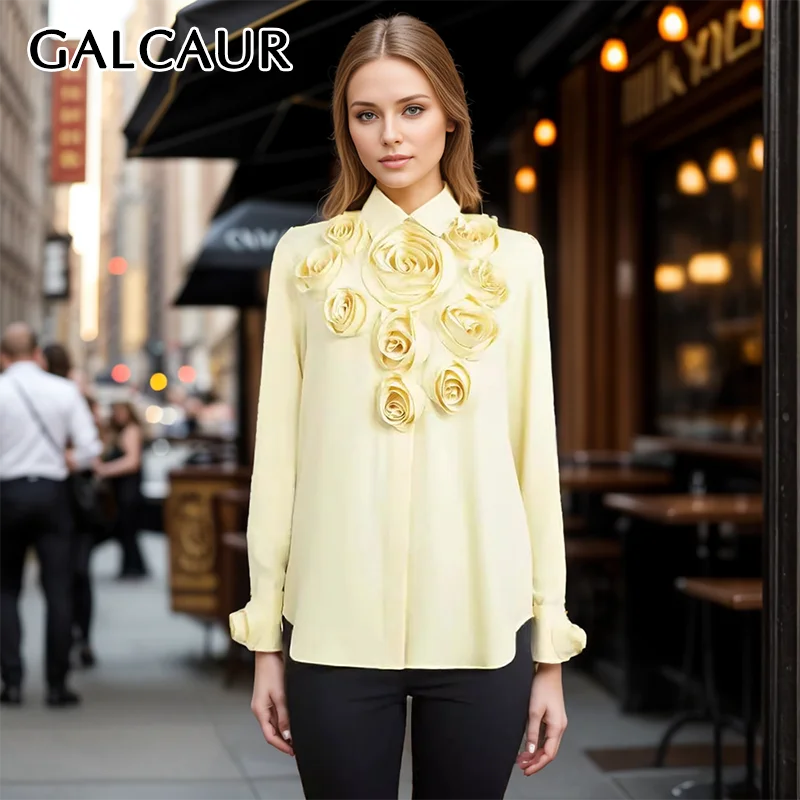 

GALCAUR Patchwork Appliques Loose Casual Shirt For Women Lapel Long Sleeve Spliced Single Breasted Elegant Blouse Female Clothes