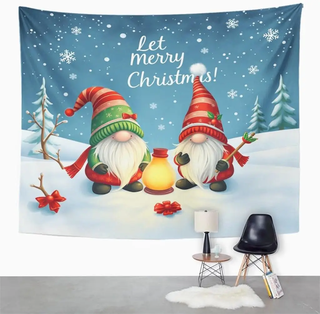 Gnomes Christmas Tapestry Wall Hanging Let It Snow Winter Scene Lightweight Polyester Fabric Ethnic Decor for Bedroom Living