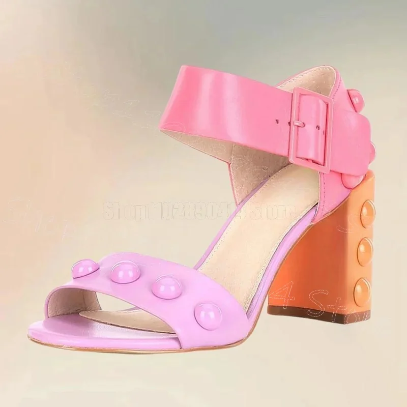 컬러풀한 라운드 리벳 디자인 오픈 토 샌들 버클 스트랩 여성 신발 청키 하이힐 파티 데이트 2025 여성용 신발