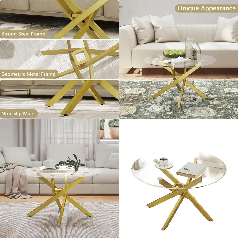 

Элегантный круглый кофейный столик с геометрическими золотыми металлическими элементами для современных жилых и офисных помещений