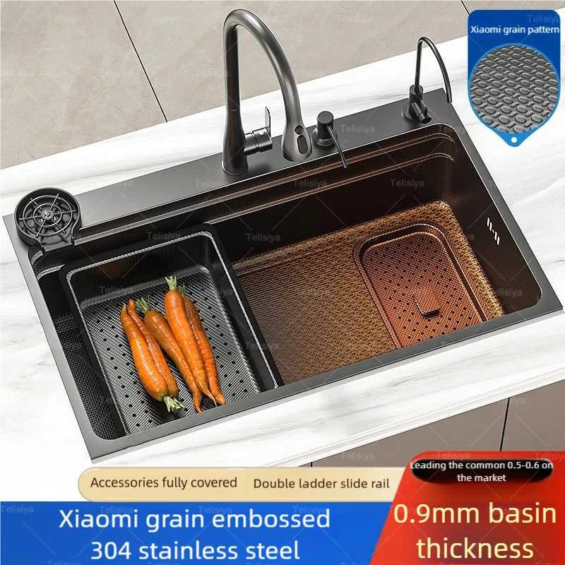

Stainless Steel Kitchen Sink Wash Dish and Vegetables Basin Nanocoating Black Large Single Slot Multifunction Undermount Basin