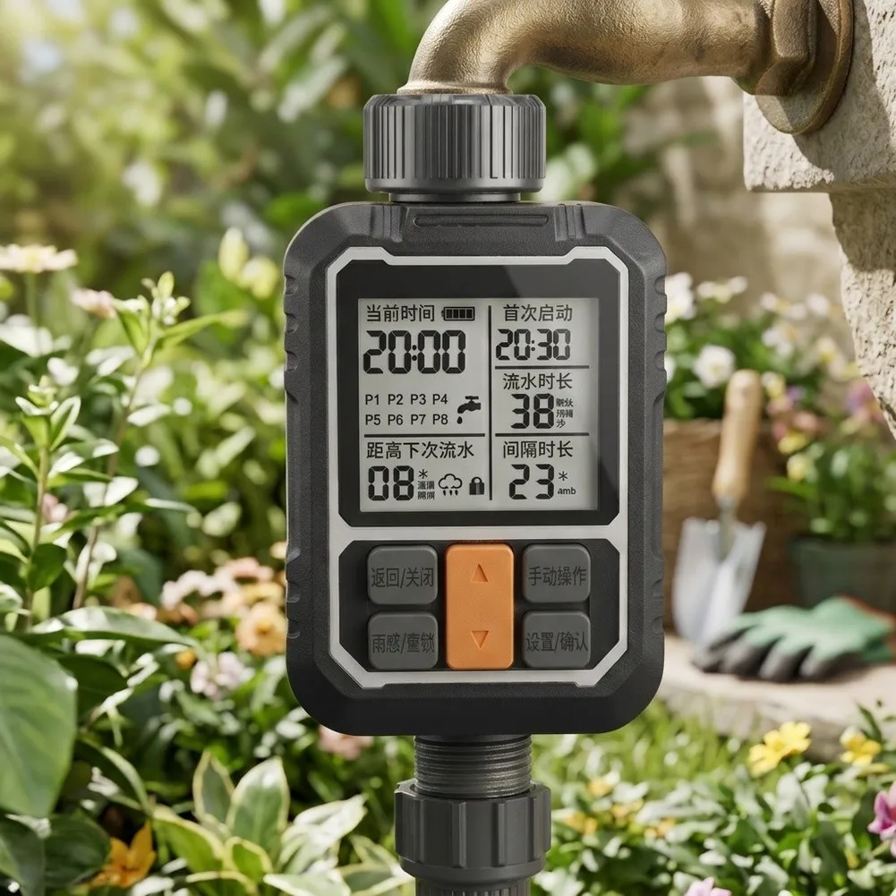 Smart Watering Controller with Rain Sensor Integration and Full-Function LCD Display for Home and Commercial Use