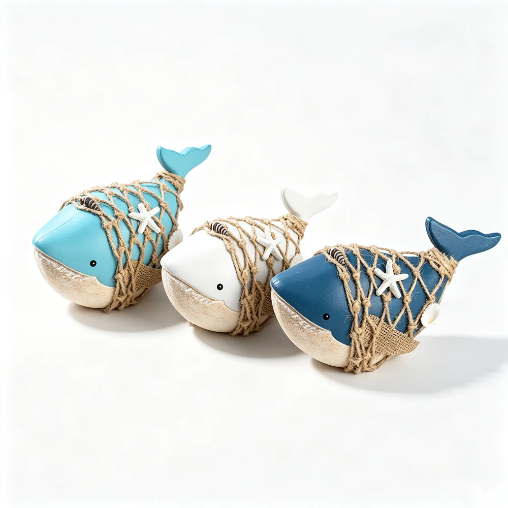 New Mediterranean Wooden Whale Ornament Nautical Rope Net Decor Marine Style Theme Gift Figurine Home Table Decoration Gift