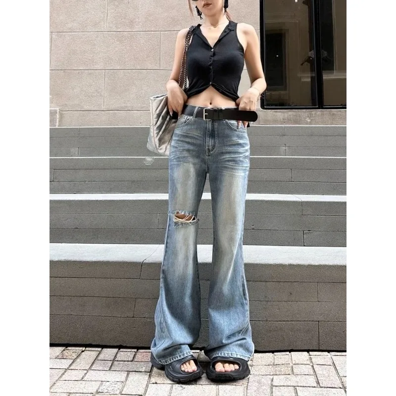 

Washed Old Ripped Jeans 2026 Spring and Summer New Women's Clothing High Waist Straight Wide Legs Mopping Micro-flared Pants
