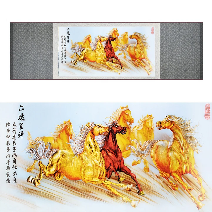 top quality Chinese Horse silk painting  Horse art painting Silk scroll art painting eight horse painting19062808