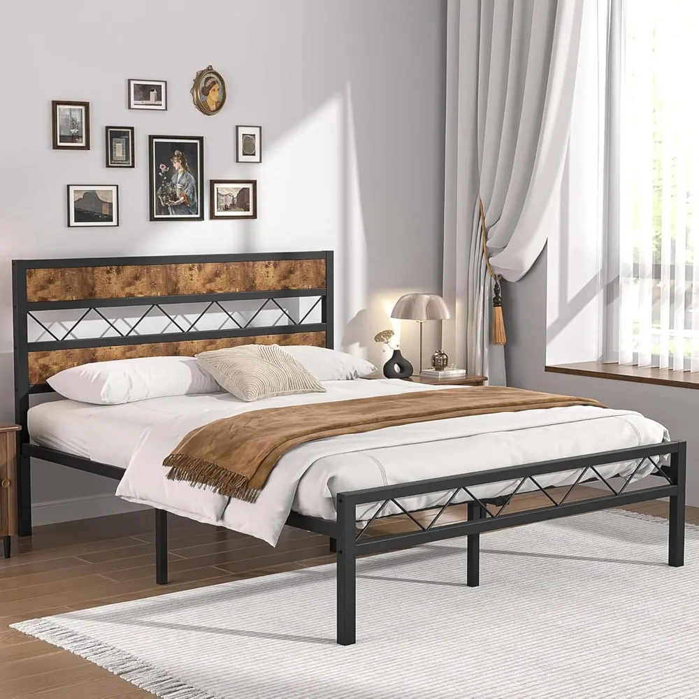 

VECELO Full Size Bed Frame with Wooden Headboard, Heavy Duty Metal Platform Slats Support，No Box Spring Needed，Rustic Brown