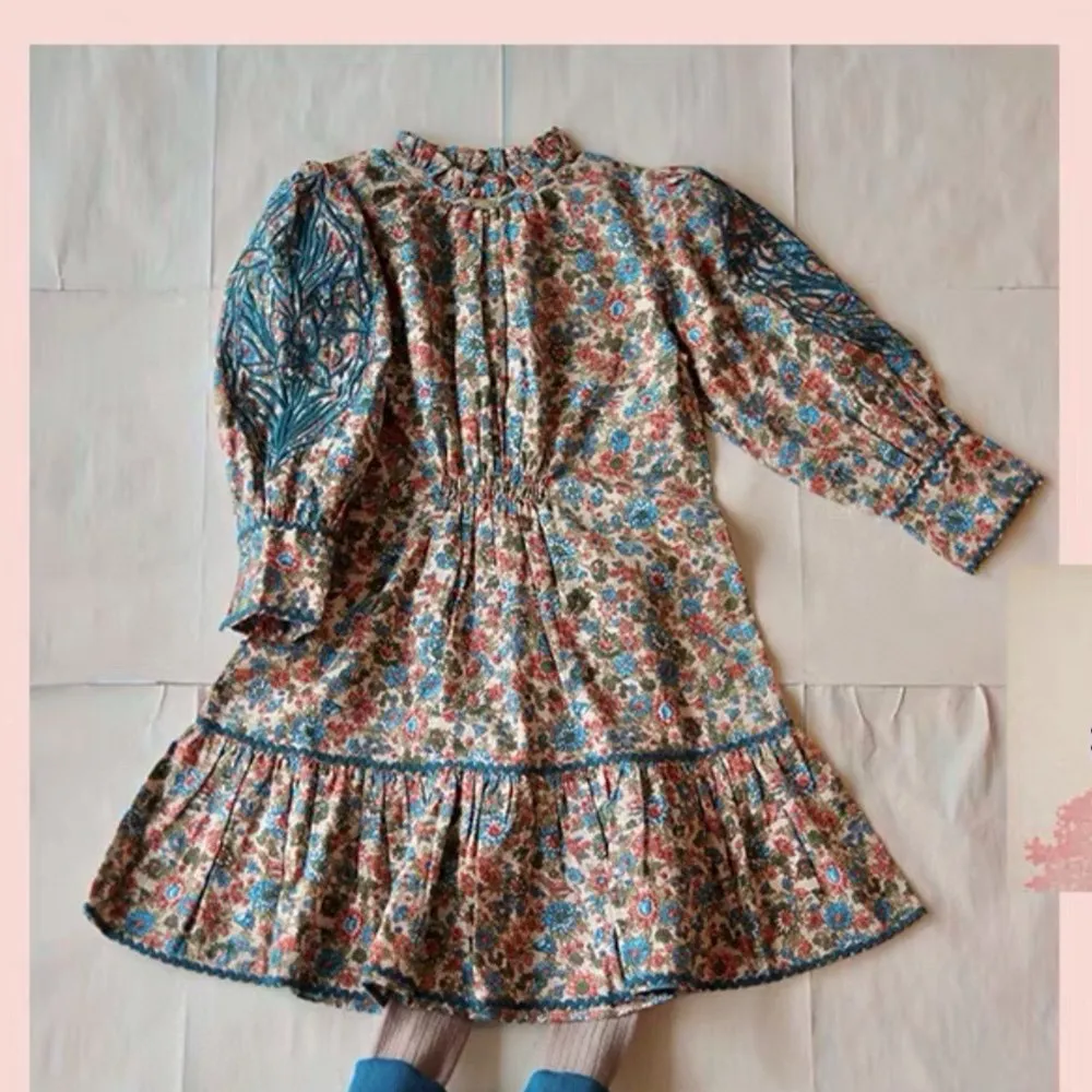 

spring kids girls clothes baby dresses girls French style Long sleeves Vintage printed embroidered dress