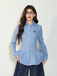 ADAgirl Blue Plaid Women Shirt Ruffles Patchwork Long Sleeve Slim Blouse Elegant Button Up Top Preppy Style Uniform Clothes Chic