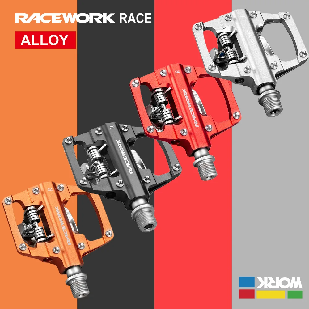 RACEWORK MTB Clipless Pedals Self-locking CNC Aluminum Alloy DU Bearing SPD Double Flat Platform Mountain Bike Bicycle Pedal