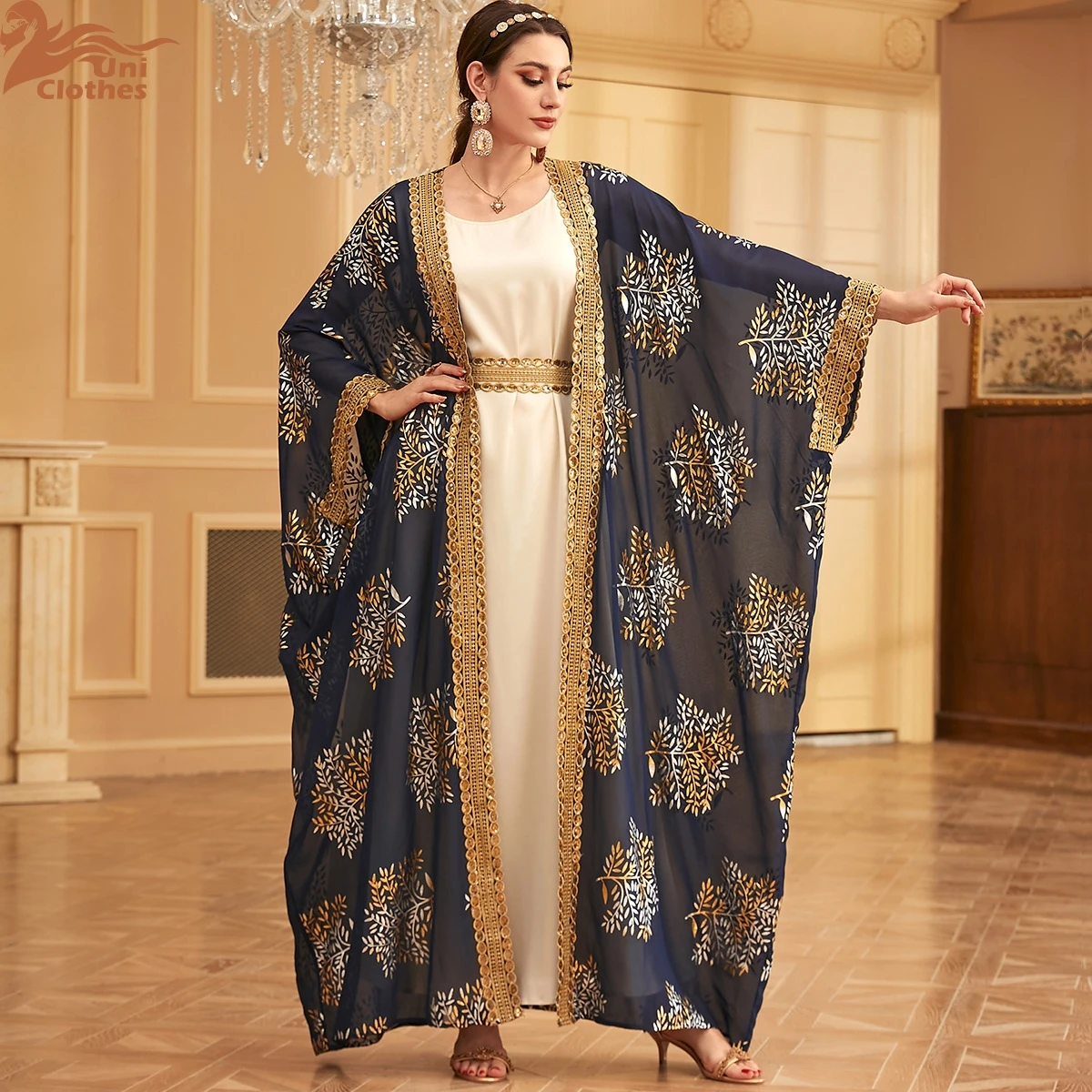 Morocco 2 Pieces Set Matching Open Abayas with Inner Dress African Turkey Arab Kimono for Women Muslim Dubai Islam Caftan 3911