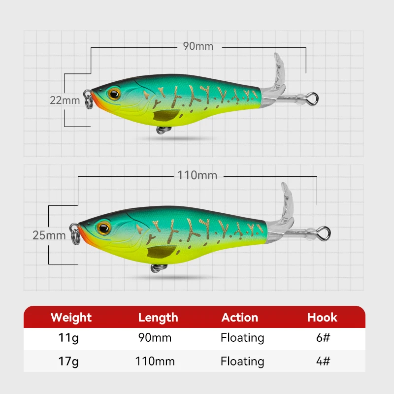 KINGDOM Propeller Topwater Fishing Lures 9cm 11cm Floating Artificial Baits Hard Plopper Soft Rotating Tail Fishing Tackle