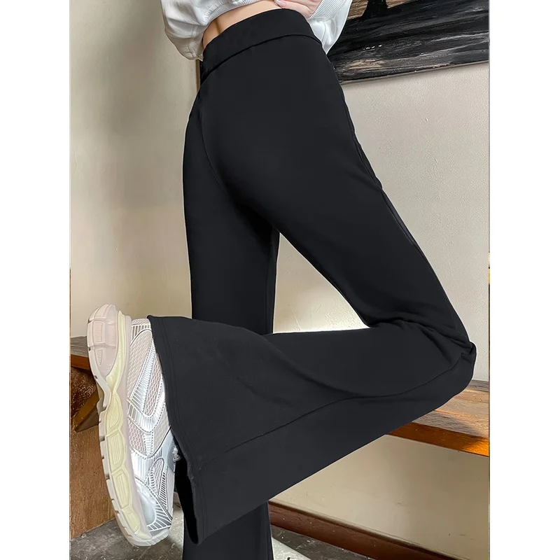 2025 Pantalones acampanados elásticos modernos para mujer, ropa informal de oficina adelgazante cómoda, color negro sólido