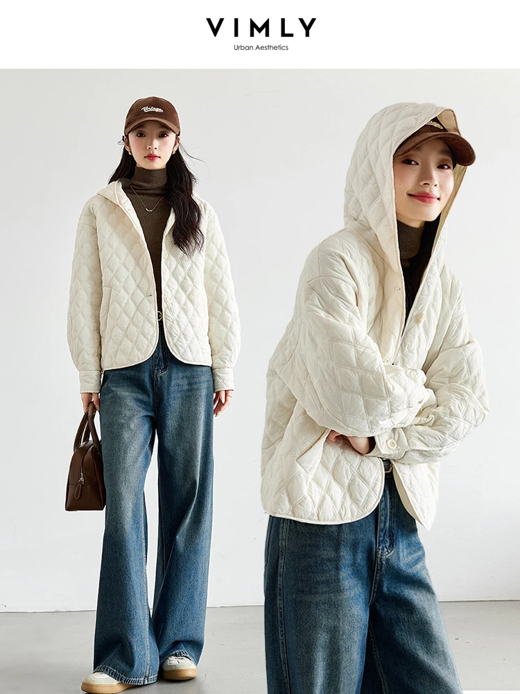 VIMLY Women's Beige Quilted Puffer Jackets Casual Long Sleeve Short Hooded Parkas Loose Pocket Coats 2026 Winter Clothes M9530