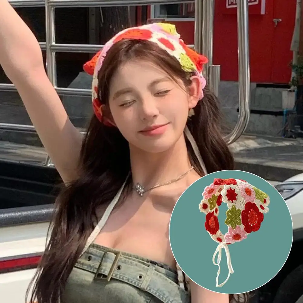 ريترو محبوك وشاح عقال للنساء لطيف الحلو الفني Sle السفر الزي النسخة الكورية موسم الصيف الأزهار P...