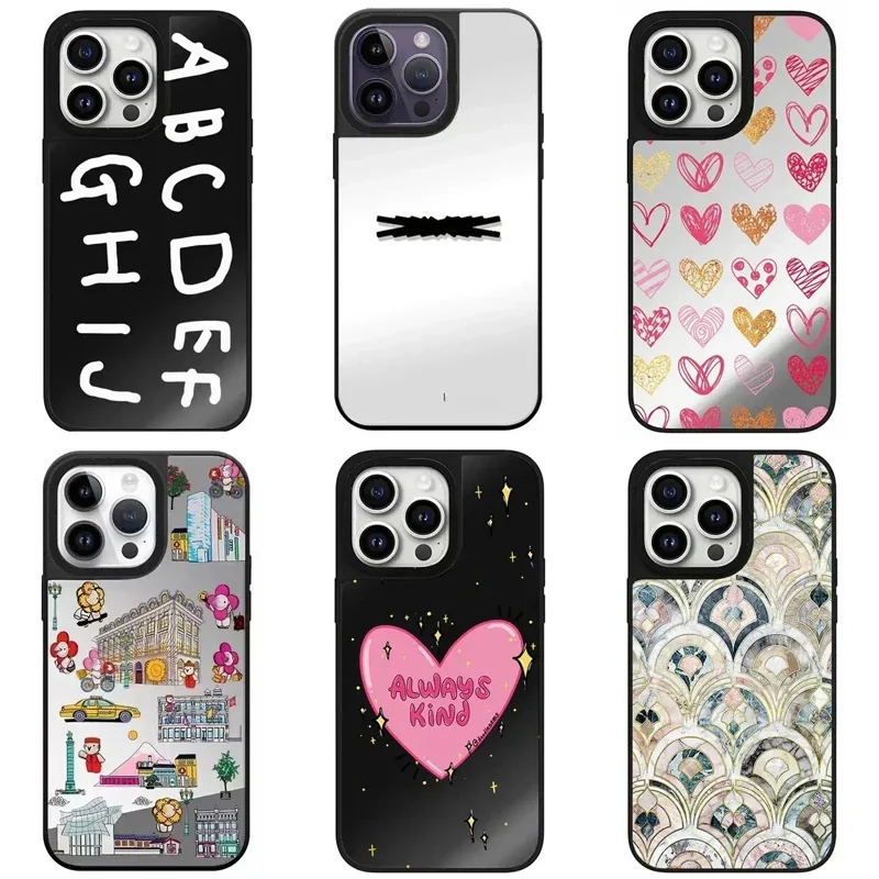 

Mirror Heart Marble Letter Phone Case Cover for iPhone 11 12 13 14 15 Pro Max Case with MagSafe