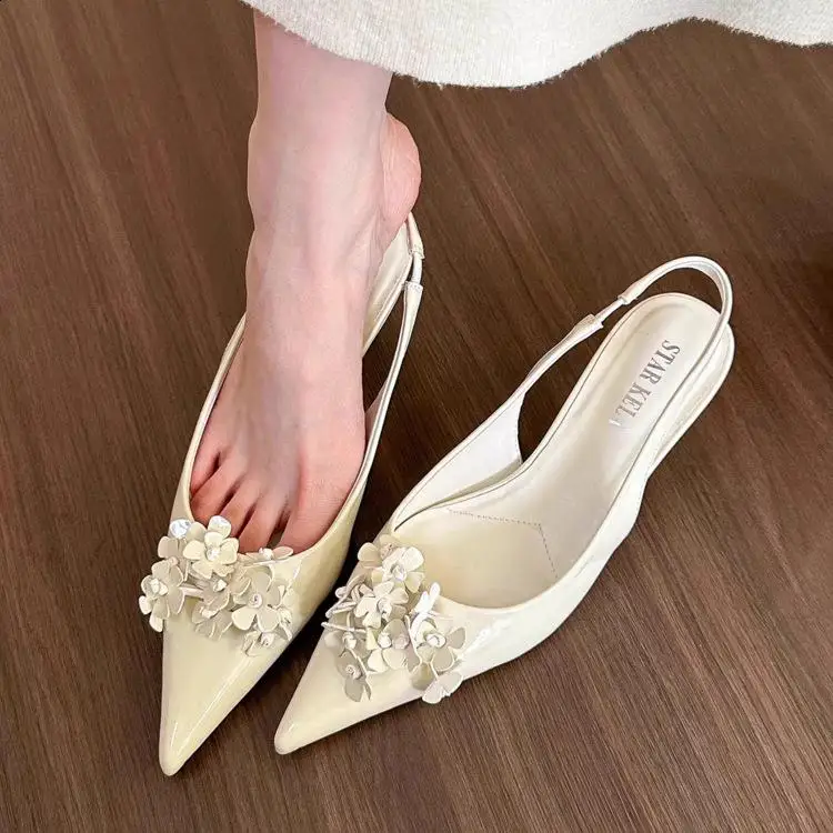 Med 2024 Summer Pointed Heel Sandals Comfort Shoes for Women Shallow Mouth Medium Low New  Elastic Band Girls High Back Strap Ru