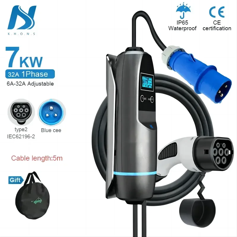 Khons 7kw Electric Vehicle Charger 32A Single-Phase EV Portable Charger Type2 32A Charging Cable CEE Plug EV Charging Station