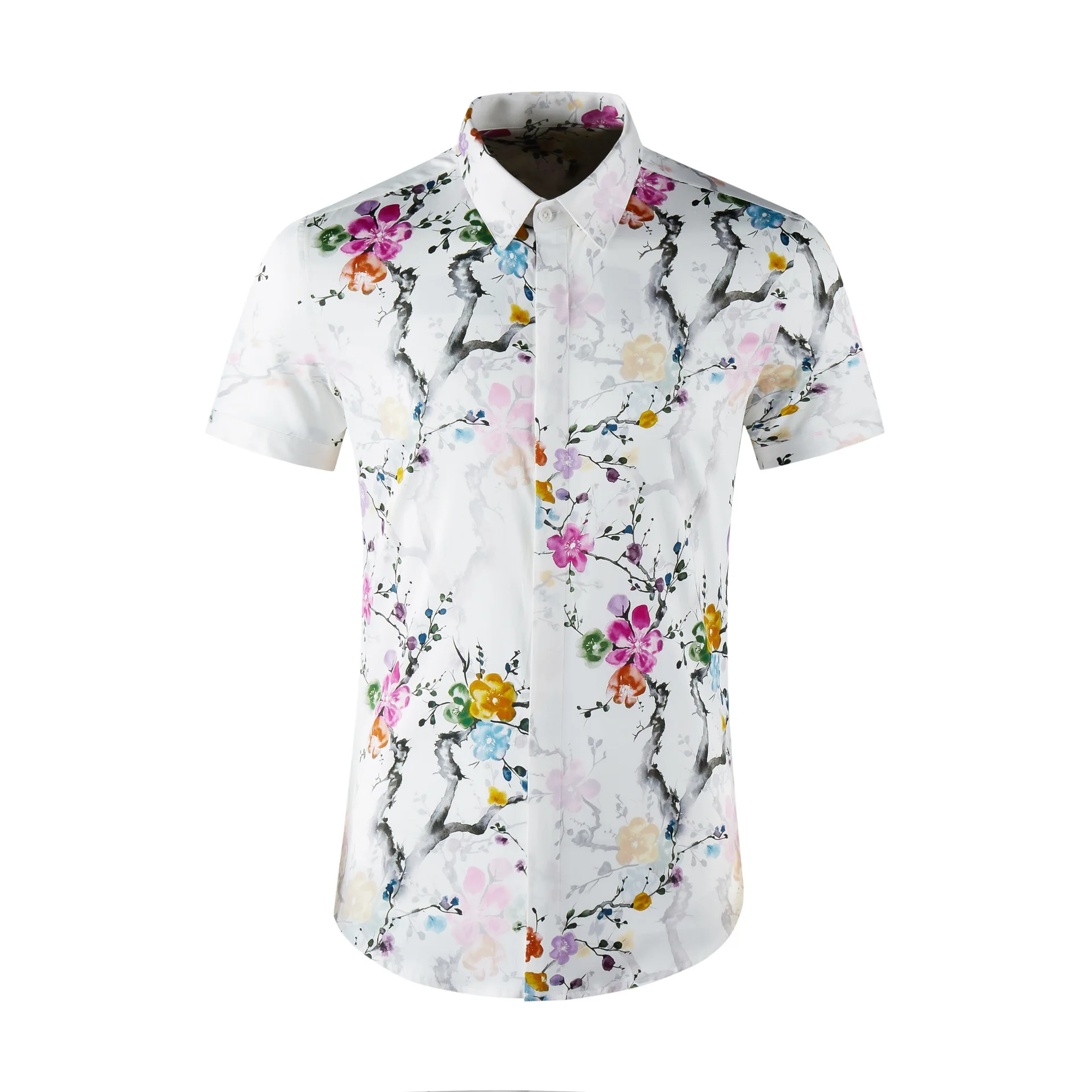 

Vacation style short sleeved digital printed cotton bouncy men's slim fit shirt with Chinese style freehand top