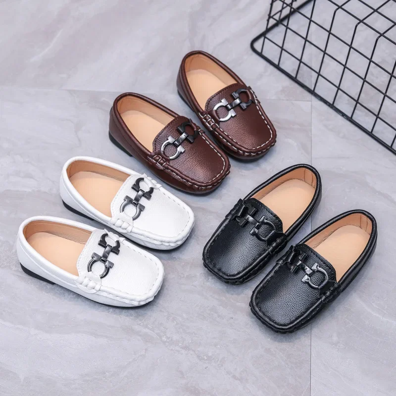 Boys Leather Shoes Black White for School Party Wedding Formal Casual Children Flats Loafers Kids Slip-ons Moccasins Soft 21-30