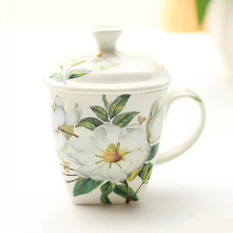500ML. bone china coffee cup, green camellia, porcelain nespresso tumbler, ceramic zakka tea cup, white ceramic mug, originl