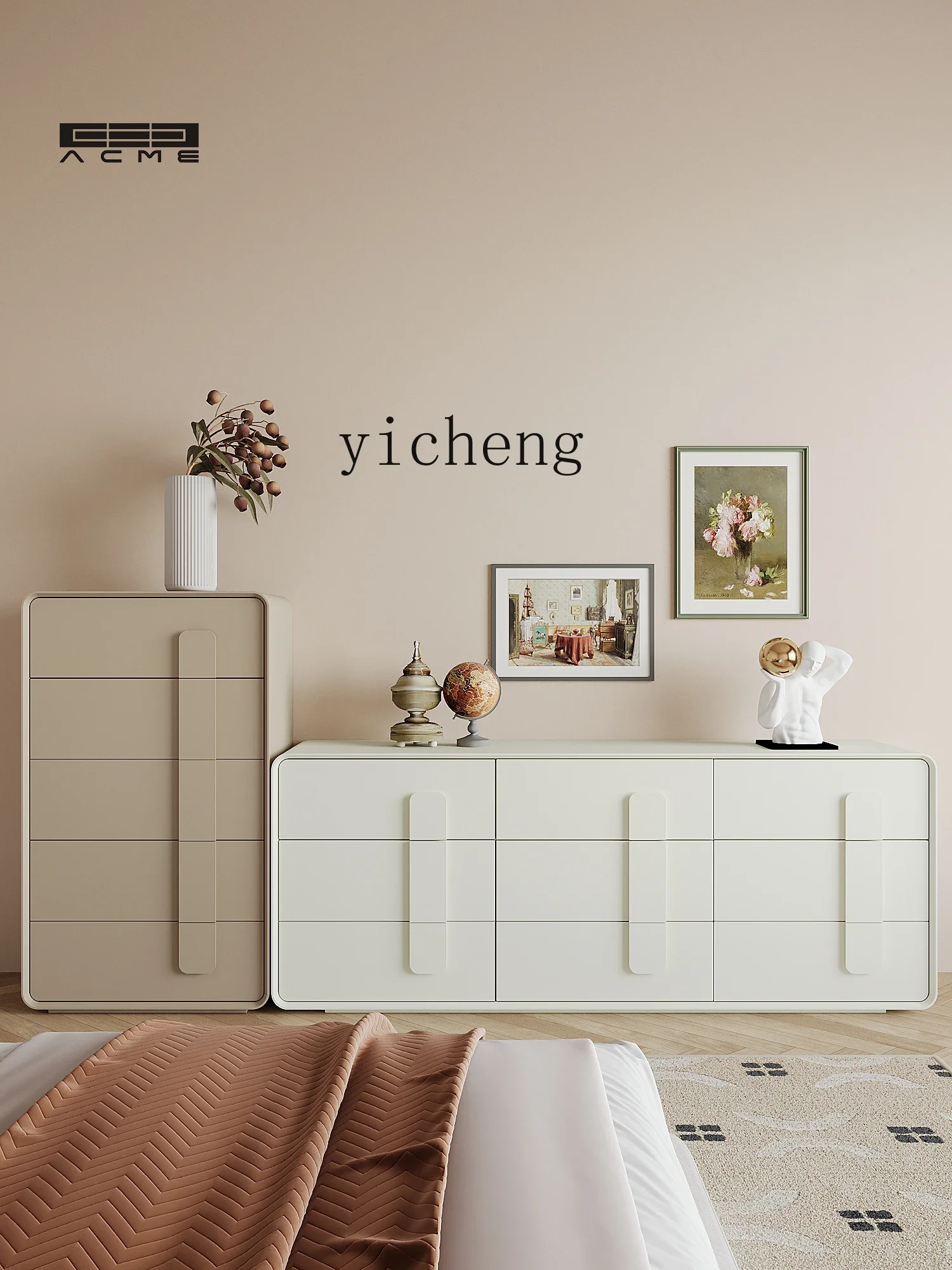 Cream Style Chest of Drawers Multi-Functional Storage Solid Wood Paint Bedroom Simple Modern Tailstock Locker