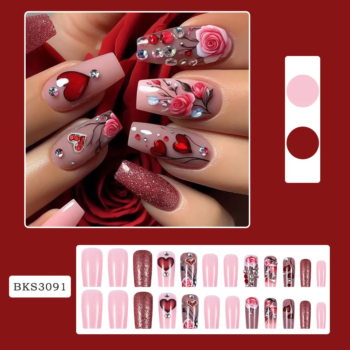 24 unids/set romántico Rosa Ballet uñas a presión patrón de flores extraíble con brillo de diamante uñas postizas para uso diario y de San Valentín