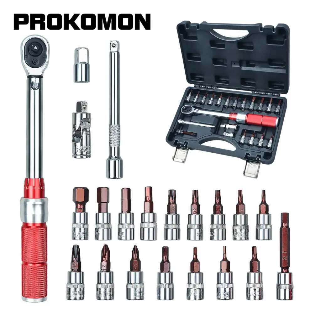 Prokomon Bike Torque Wrench 1/4\'\', 5-25Nm, 0.1Nm Micro, Drive Click Torque Wrench Set, Hex, Torx/Star Bit Sockets, Extension Bar