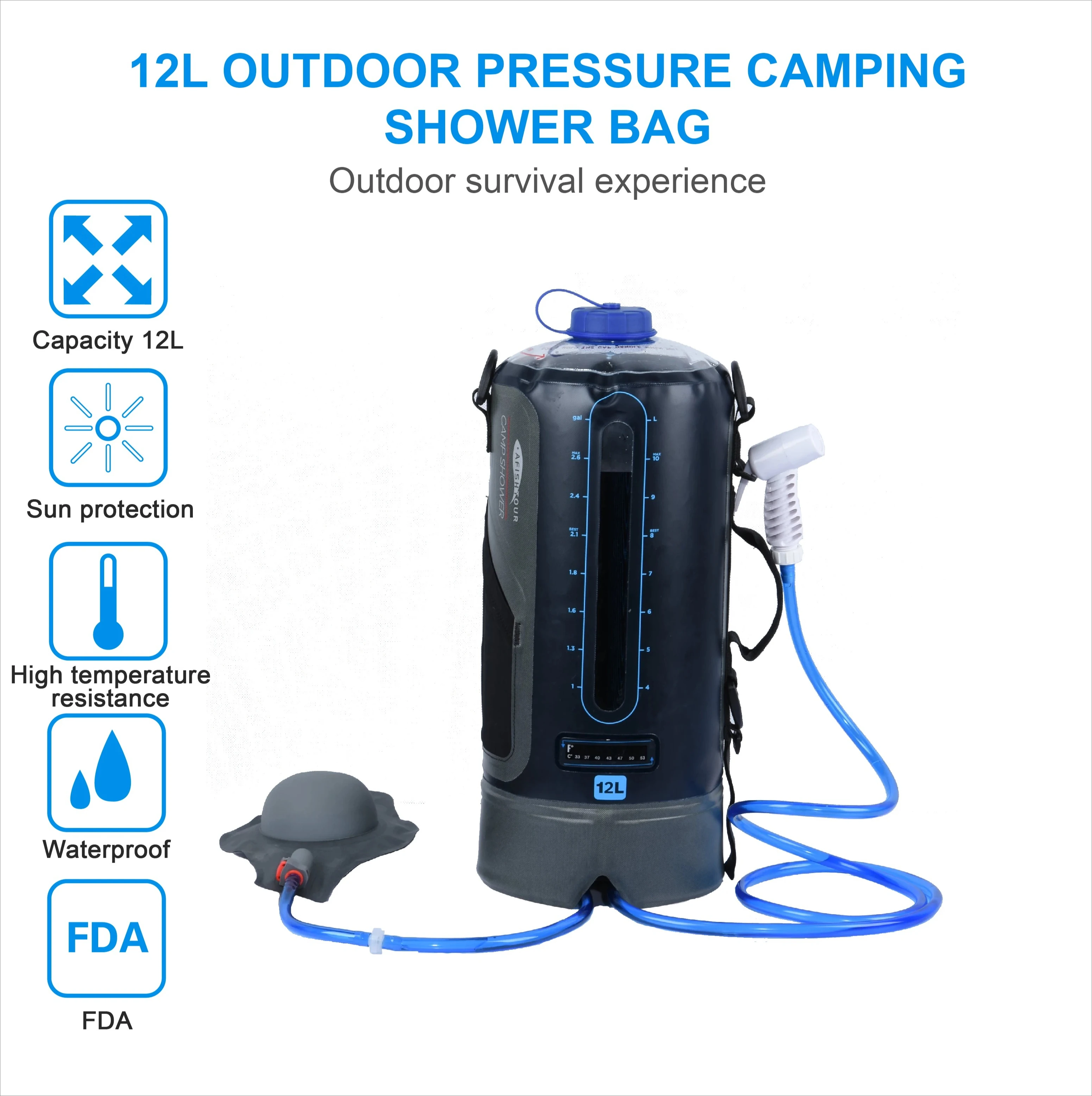 

12l 3.17 Gallon Solar Waterproof Portable Outdoor Sports Hiking Water Bag Camping Shower Bag With Foot Pump and Shower Head Hose