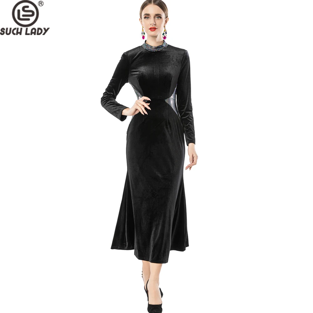 Zwart fluwelen maxi-jurk met lange mouwen voor dames, jurk met hoge hals, rand met kristallen kralen en uitsnijdingen aan de zijkant, elegante avondjurk