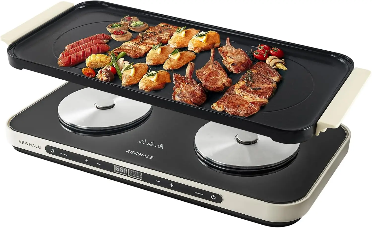 Electric Glass Cooktop 2 Burners | Removable Griddle Pan, Ceramic Non-stick, 900W+900W, Sensor Touch, Adjustable