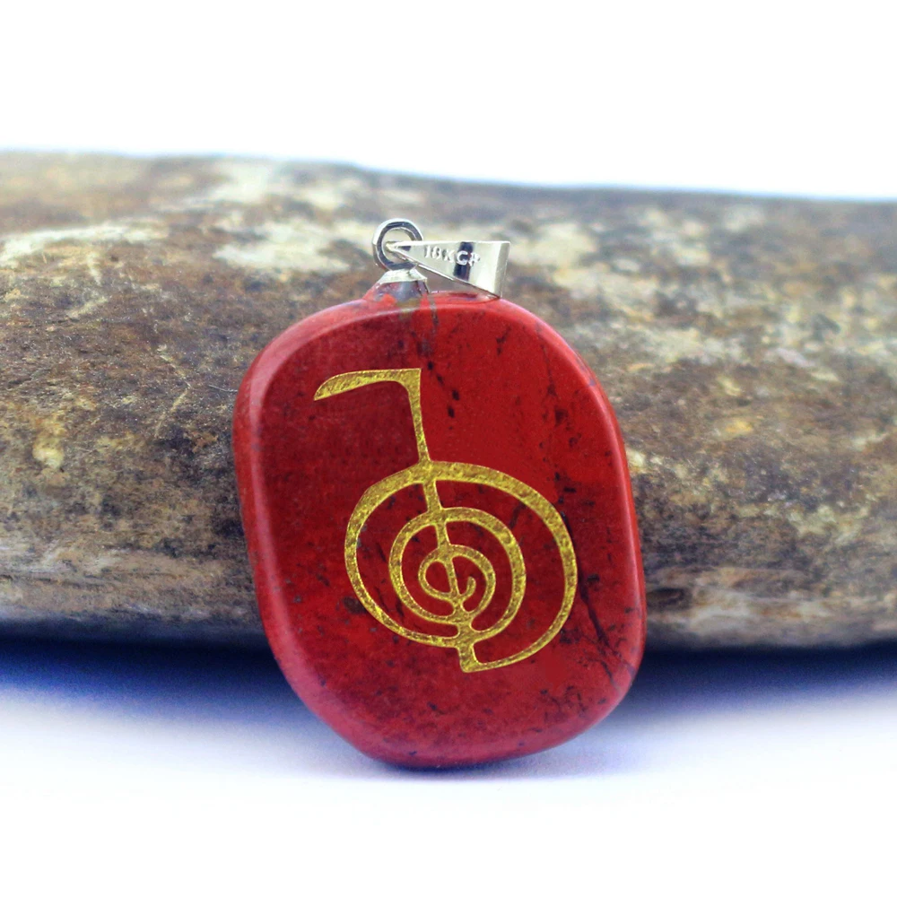 Red Jasper Reiki Healing Amulet Pendulum Healing Master Prop Chakra Four Element Symbol Energy Stone Pendant Necklace Jewelry