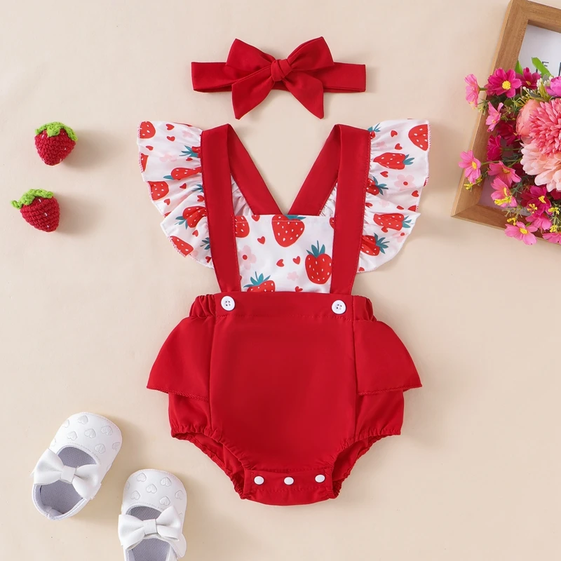 Newborn Baby Girl Romper Summer Clothes Fruit Printed Fake Suspenders Shorts Onepiece Overalls  with Headband