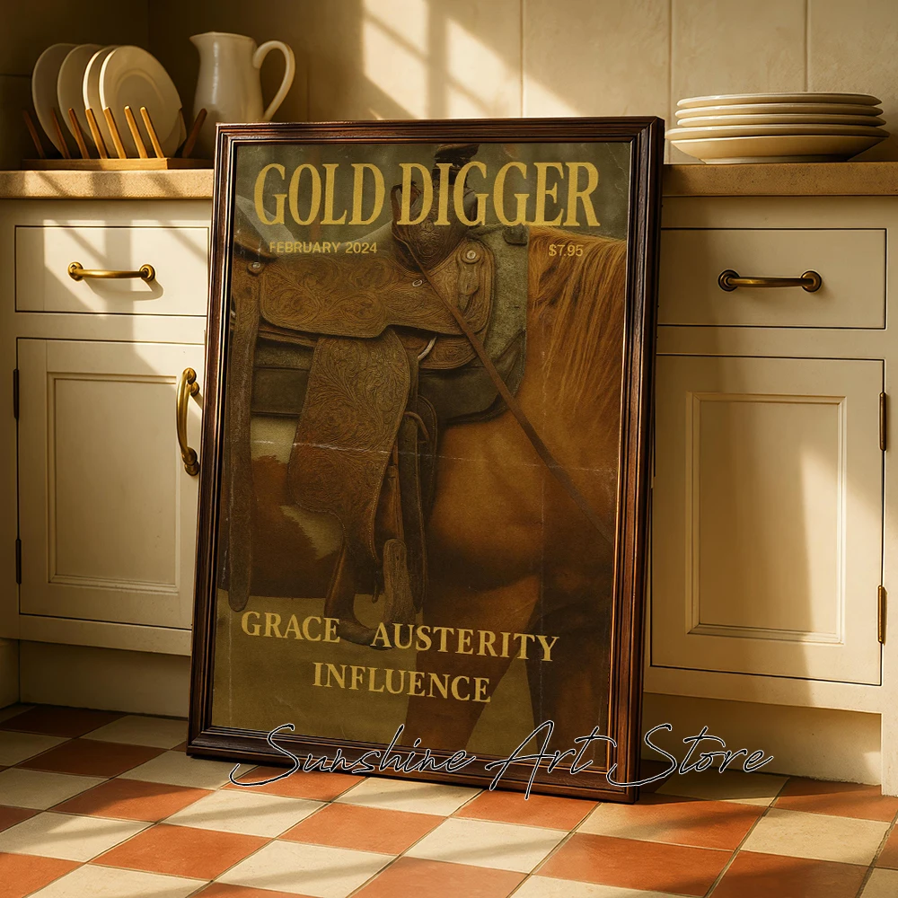 Cuadro Decorativo de Pared con Diseño de Silla de Montar de Vaquero Vintage, Estilo Rústico del Oeste, Póster de Busca de Oro, Decoración Moderna Inspirada en el Oeste, Pintura en Lienzo