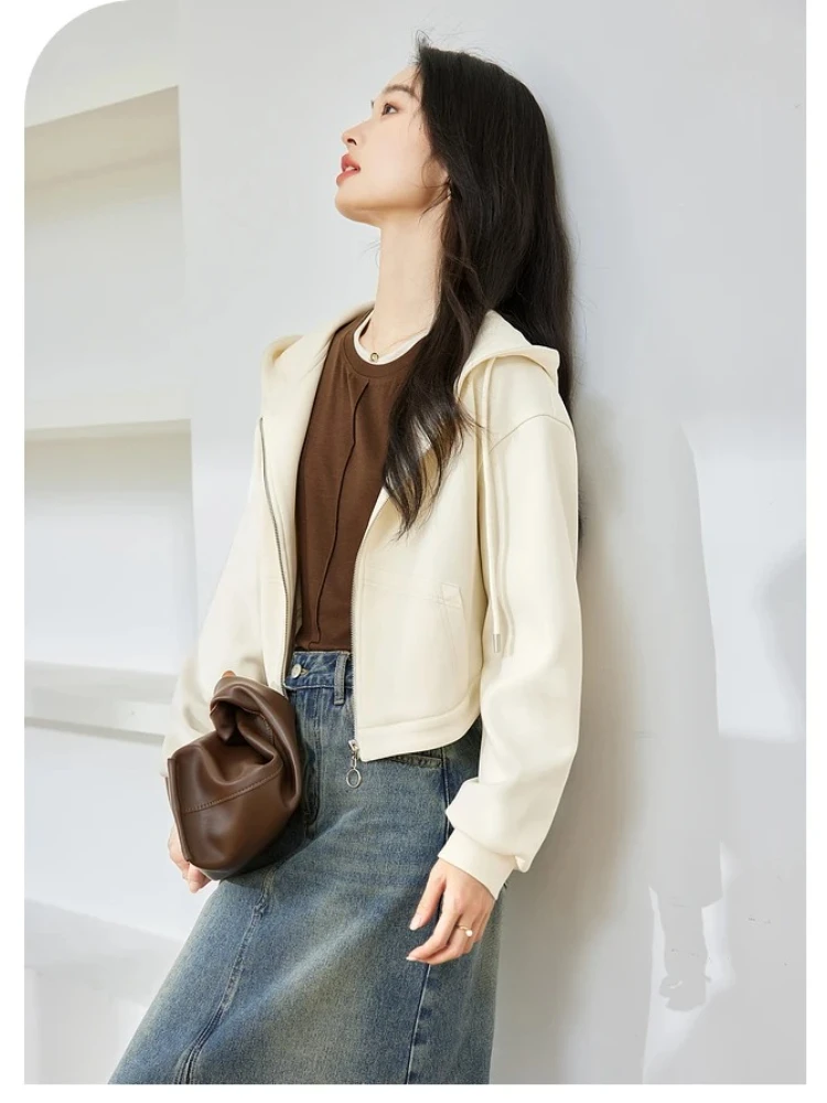 VIMLY Apricot Hoodies Woman Autumn 2025 Casual Short Hooded Zip-up Long Sleeve Tops for Woman Sporty Ladies Loose Coats M8321