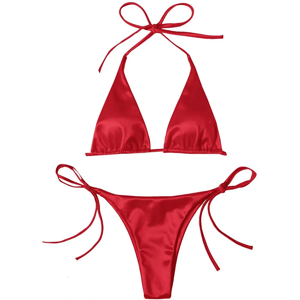 Sexy Red Solid Swimwear Triangle Thong Micro String Halter Bikinis Sets Swimsuit Women 2026 Bathing Suit Bikini De Mujer Biquini