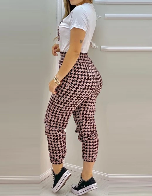 Women's Fashion Suits 2024 Spring Summer Latest Commuting Pink Thousand Bird Grid Printed Round Neck Short Sleeve Pants Set