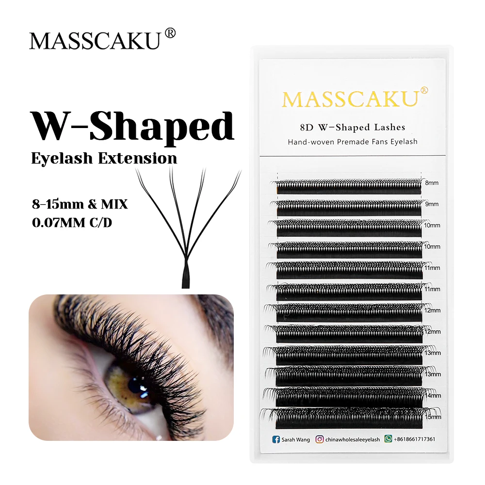 MASSCAKU Ciglia individuali leggere a forma di W Curl CC Spessore 0,07 mm Ventole di volume preconfezionate multi-texture Ciglia facili da usare