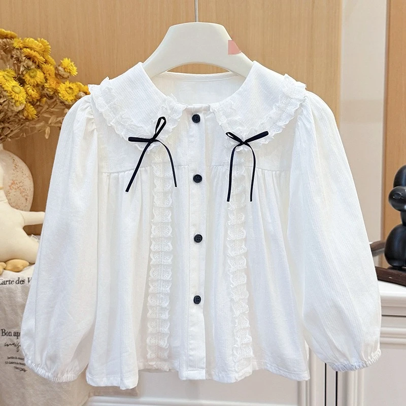 Girls Fall New Korean Lace Suitable Bow Knot Shirt Top Baby Girl Shirt Kids Trendy Childrens Nice White Wear