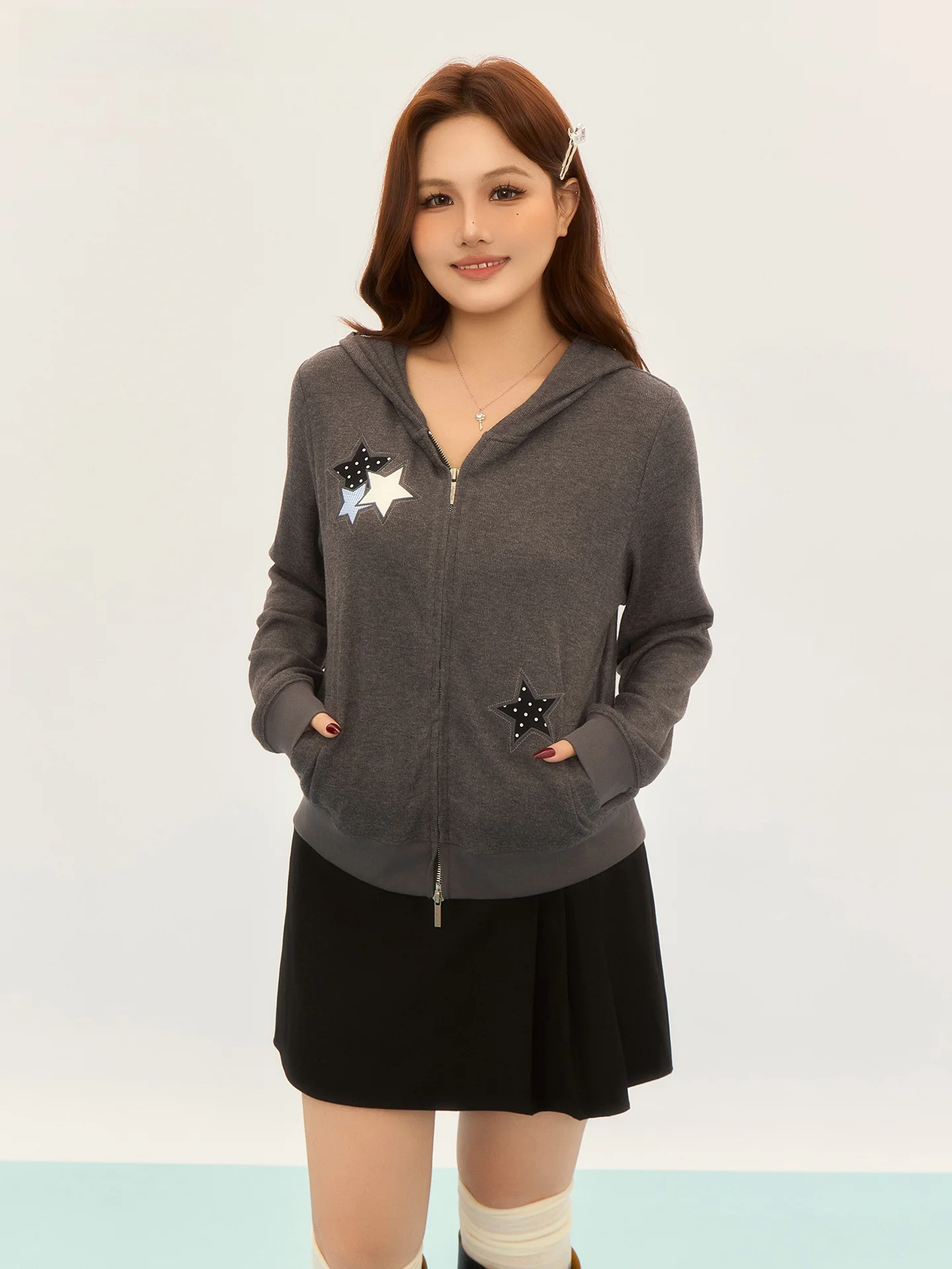 

Винтажная толстовка с вышивкой в виде звезд, женская, больших размеров, повседневная, универсальная, из смесового полиэстера, с длинными рукавами, на молнии