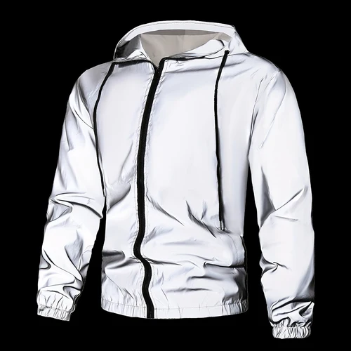 Imagen 1 del producto Chaqueta con capucha reflectante para ciclismo nocturno, moda para hombre, resistente al viento, para correr, deportes, abrigos informales sueltos, ropa de calle de Hip-hop