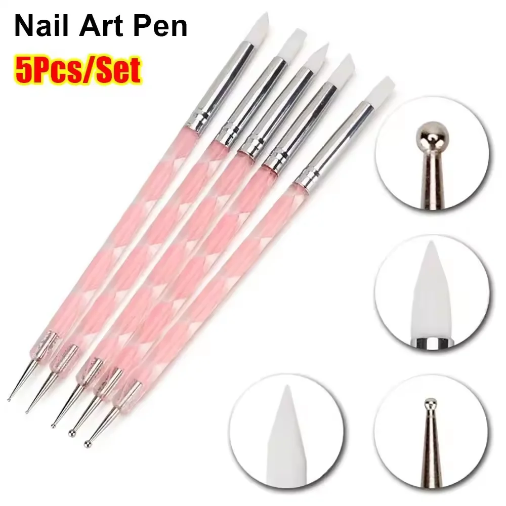 5Pcs Nail Art Acrylic Silicone Point Flower Pen Stainless Steel Dotting Tools 2-Way Marbleizing Painting Pens for DIY Nail Art