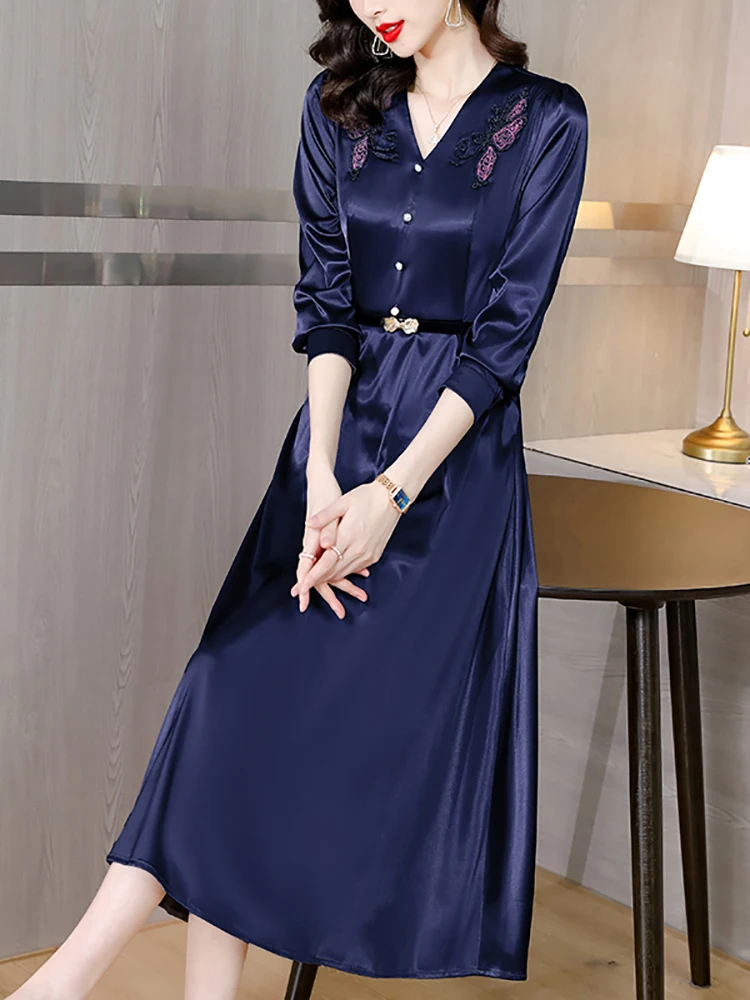 Autumn Winter Blue Acetate Satin Midi Dress Women Fashon Embroidry V-Neck Prom Dress 2024 Korean Elegant Luxury Chic Party Dress