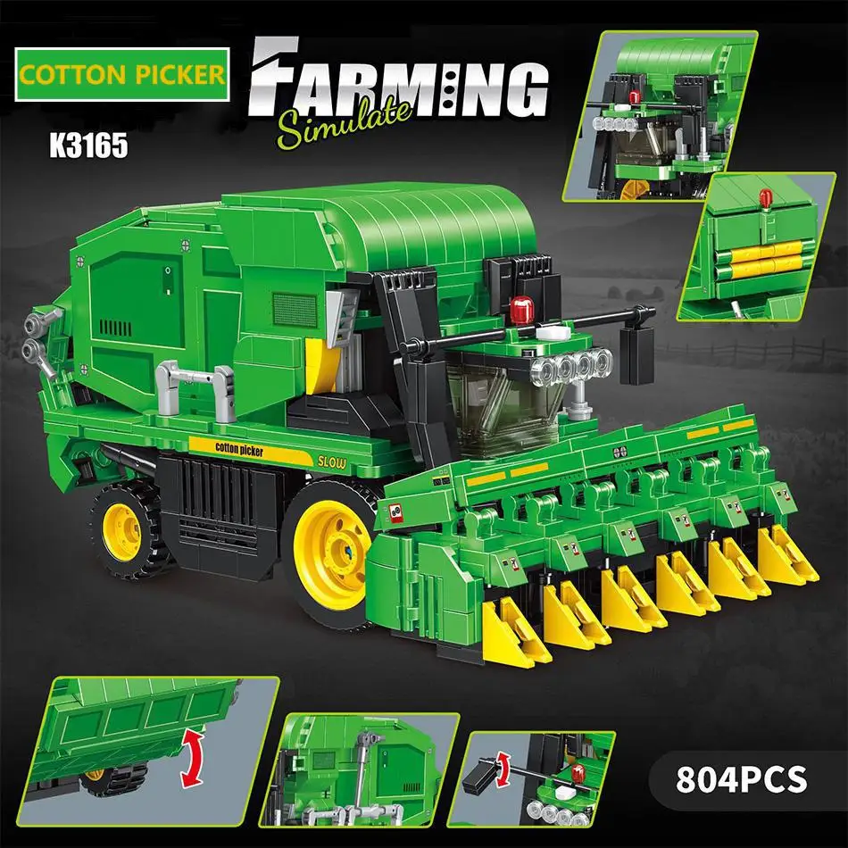 

Technical Cotton Picker Crame Arm Trailer Harvest Building Blocks MOC Farming Simulate Model Assembly Bricks Toys For Kids Gifts