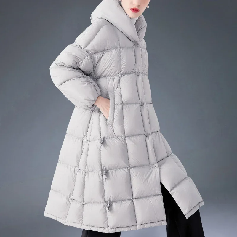 Thickened Hooded Puffer Jacket Women 2025 Winter Mid-Length Down Coats Over-Knee Loose Slim Adjustable A-Line White Duck Parkas