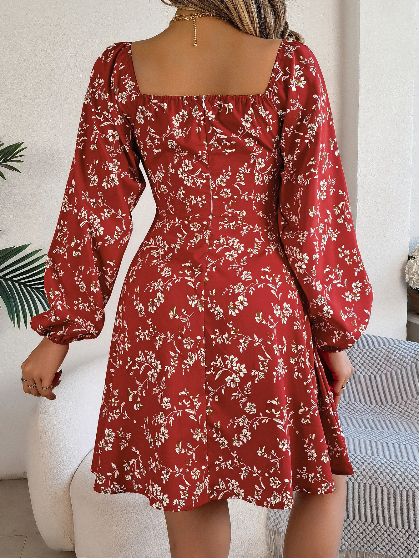 Vestido sexy floral con cuello cuadrado y lazo en la parte delantera para mujer - Vestido casual de primavera y otoño con dobladillo con volantes y manga larga