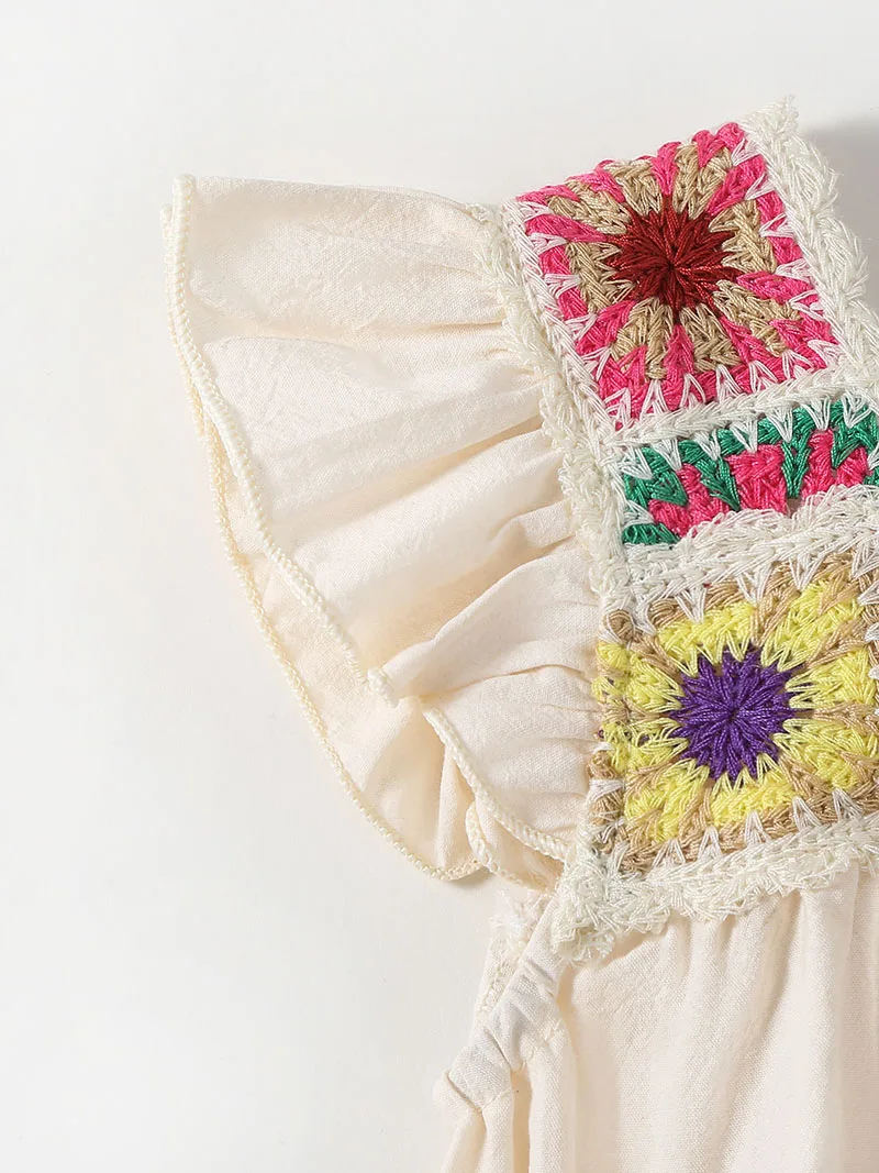 ملابس صيفية للفتيات الصغيرات بنمط عرقي 0-2 سنة منسوجة على شكل زهرة بدلة للأطفال الرضع بأكمام طائرة قطعة واحدة