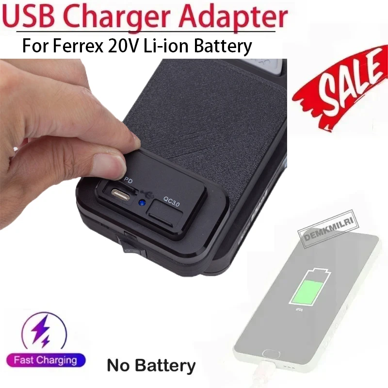 Mobile phone power bank for Ferrex 20V Li-ion battery adapter uses USB and Type-C interface for fast charging